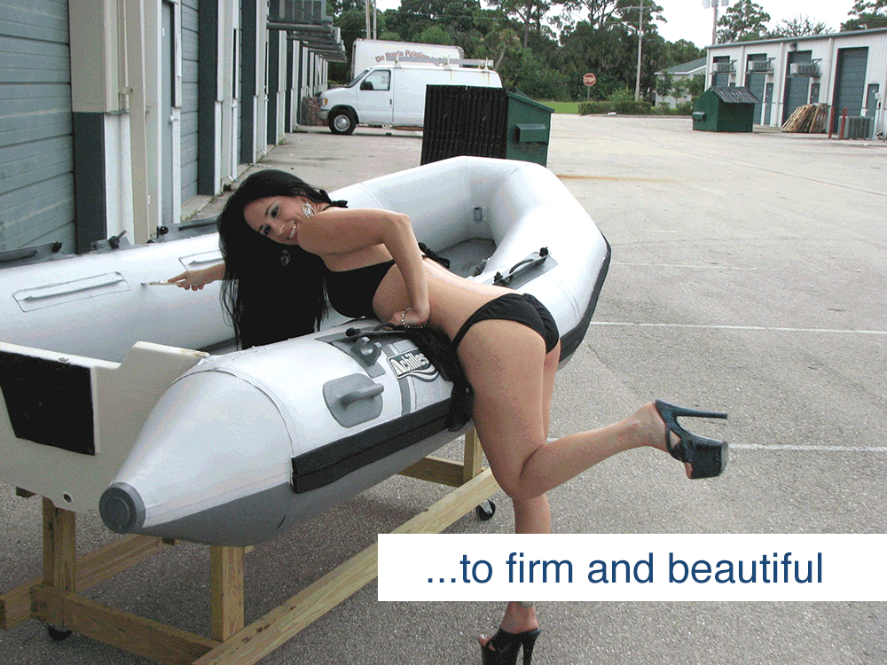 woman posing with inflatable boat restored with inland marine inflatable boat repair products