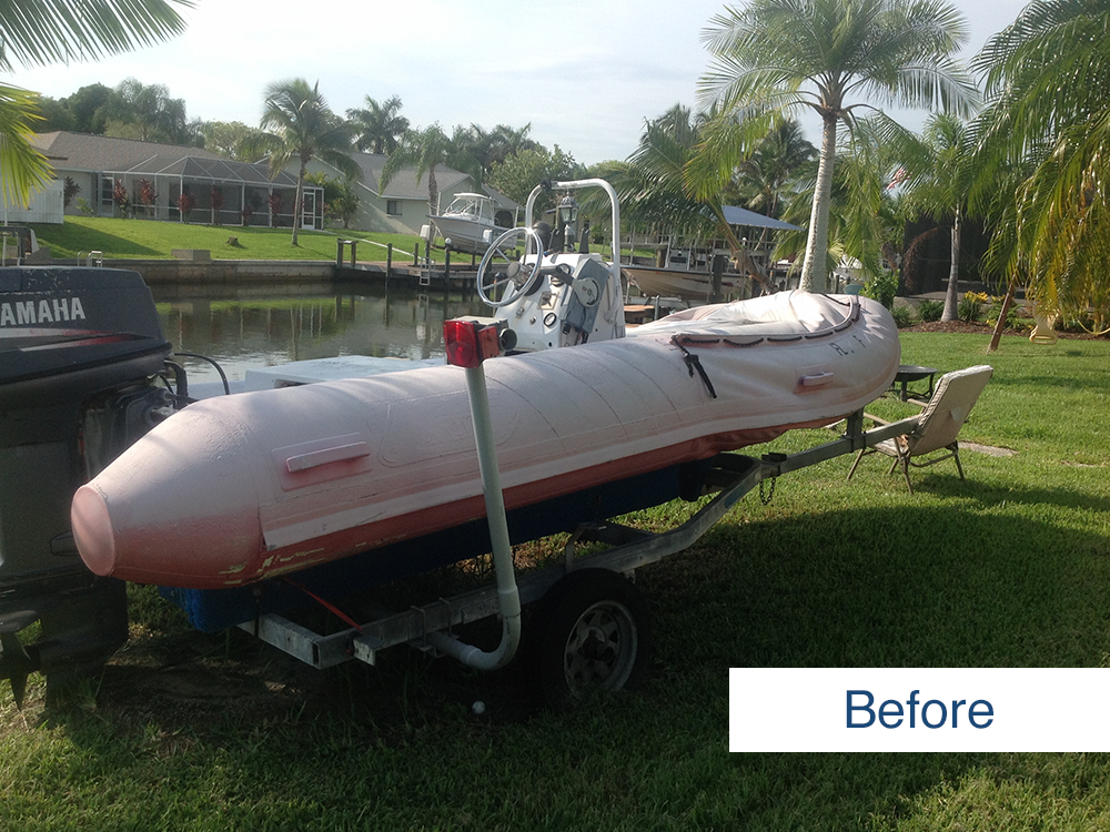 image submitted by customer of inflatable boat before being restored using inland marine inflatable boat repair products