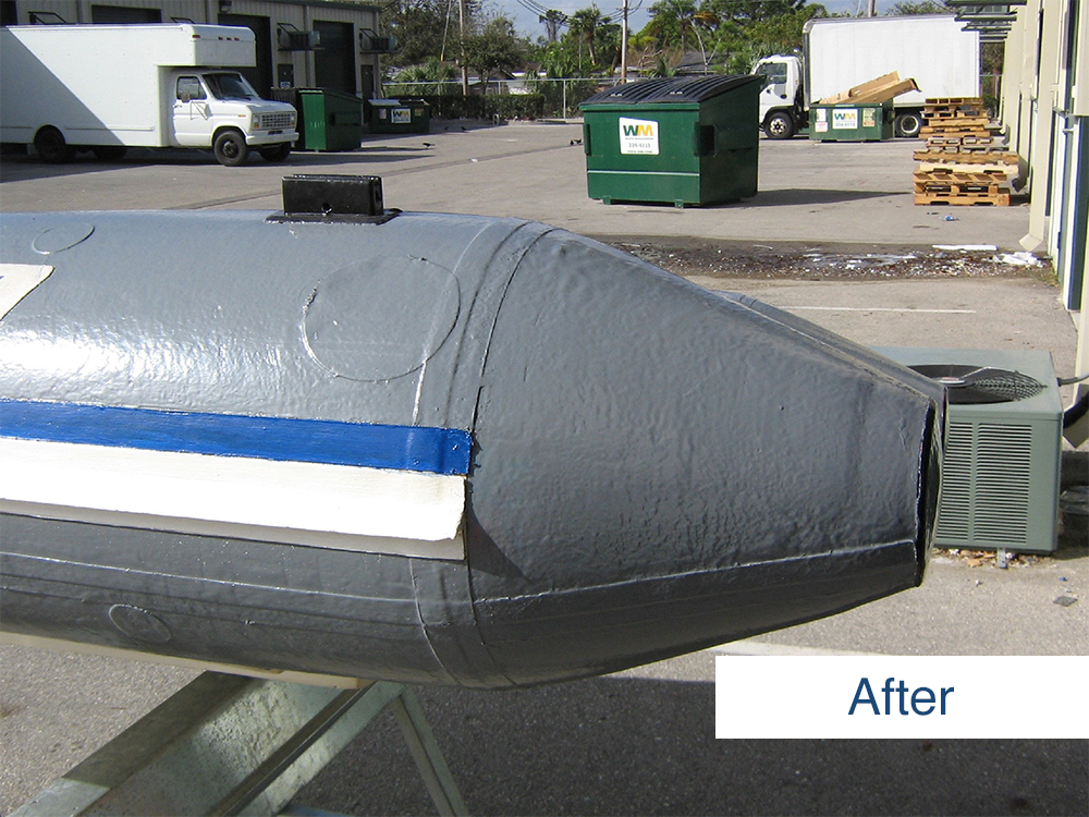 after photo of the stern of inflatable boat after restoration using inland marine inflatable boat repair products