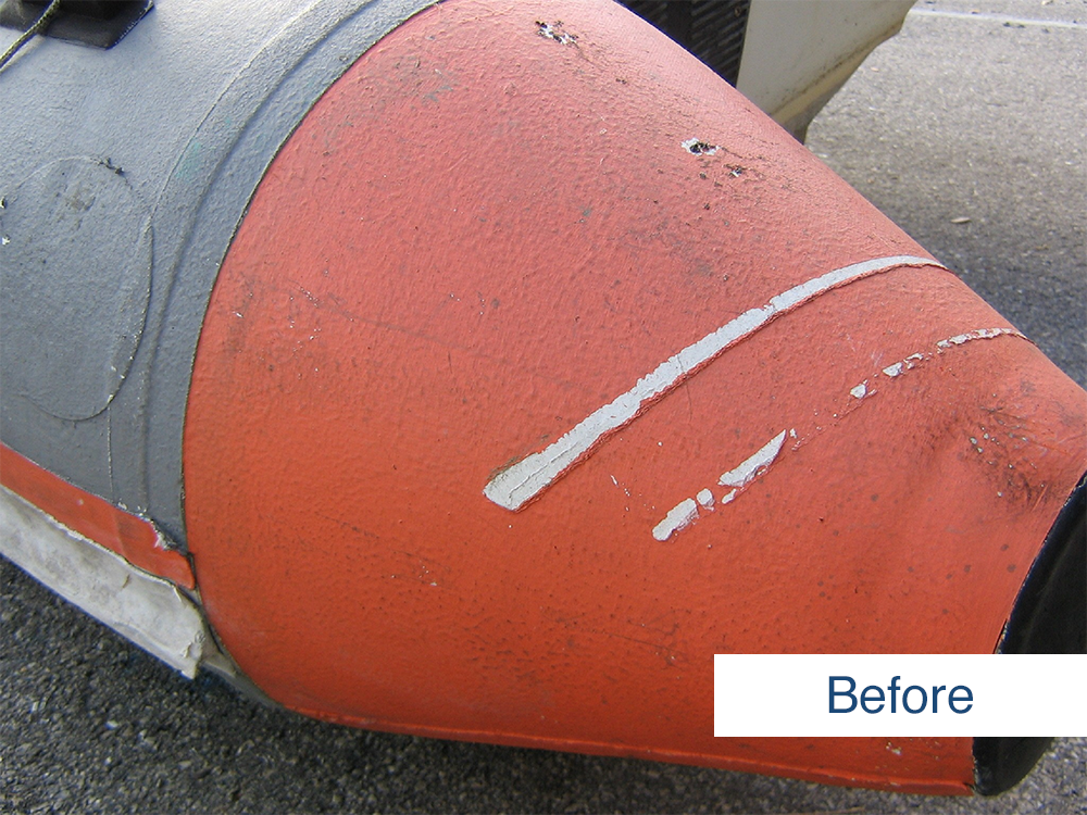 after photo of the stern of inflatable boat before restoration using inland marine inflatable boat repair products