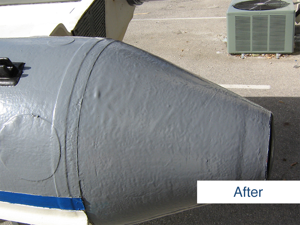 after photo of the stern of inflatable boat after restoration using inland marine inflatable boat repair products